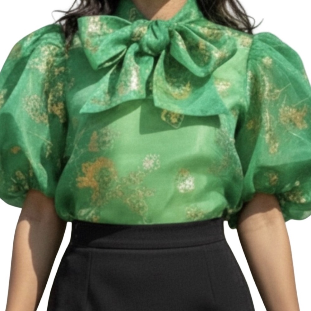 #A117 Nancy Sheer Luxe Green & Gold Organza Puff Sleeve Top NWT L - Picture 4 of 14